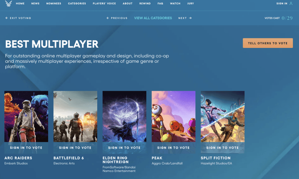 A screenshot of The Game Awards' Nominees for Best Multiplayer 2025, showing 5 games: Arc Raiders, Battlefield 6, Elden Ring Nightreign, PEAK, and Split Fiction. 