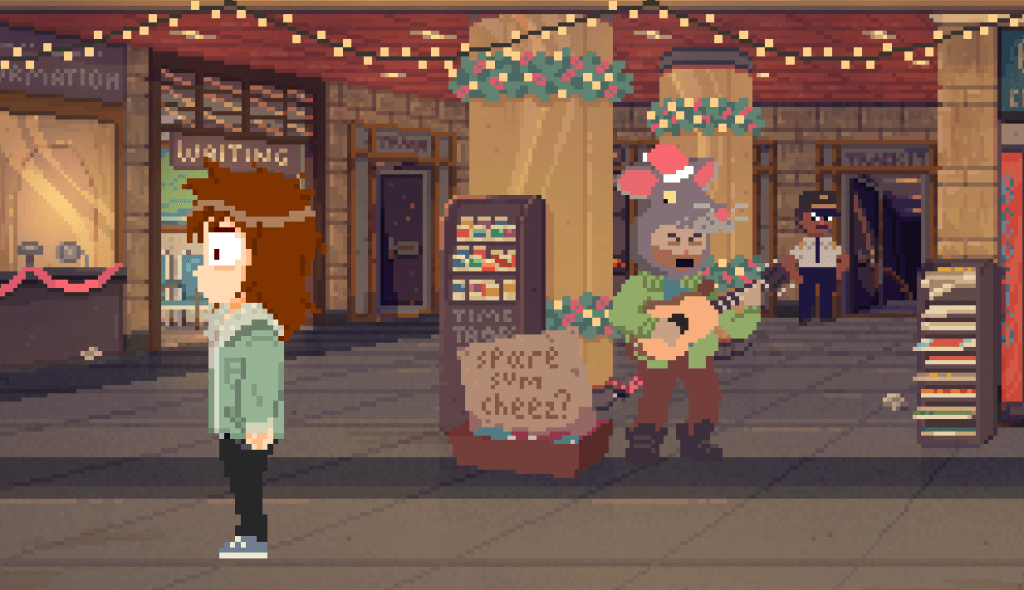 Perfect Tides: Station to Station Review - screenshot of protagonist Mara Whitefish walking through a city street while a street performer plays acoustic guitar in the background with a sign that reads, "Spare sum cheez?"