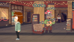 Perfect Tides: Station to Station Review - screenshot of protagonist Mara Whitefish walking through a city street while a street performer plays acoustic guitar in the background with a sign that reads, "Spare sum cheez?"
