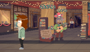 Perfect Tides: Station to Station Review - screenshot of protagonist Mara Whitefish walking through a city street while a street performer plays acoustic guitar in the background with a sign that reads, "Spare sum cheez?"