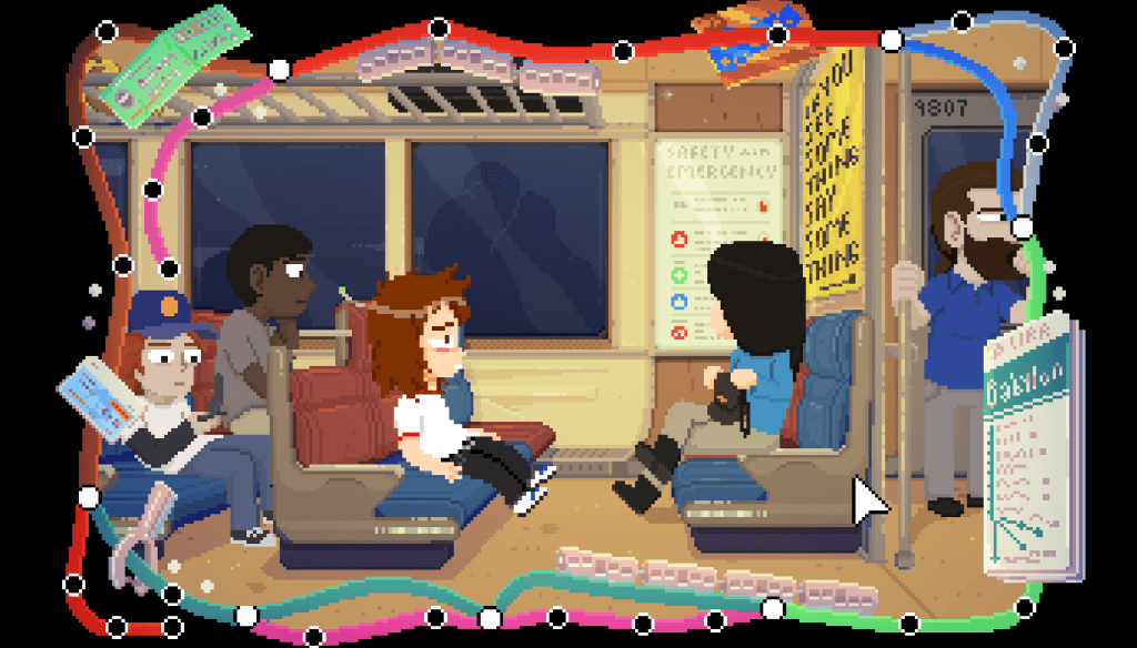 Perfect Tides: Station to Station Review - screenshot of protagonist Mara Whitefish sitting on a train with different-colored train lines serving as a border on all sides