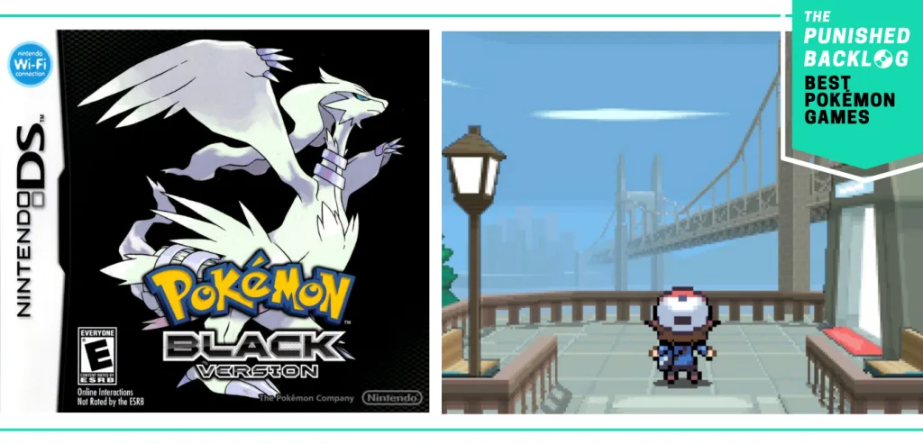 The cover art for Pokemon Black and a screenshot of the player looking out at a bridge, plus a teal banner that shows The Punished Backlog's logo and text that says: "Best Pokemon Games"