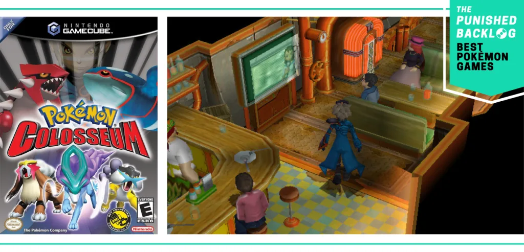 The cover art for Pokemon Colosseum and a screenshot of the Wes in a bar, plus a teal banner that shows The Punished Backlog's logo and text that says: "Best Pokemon Games"