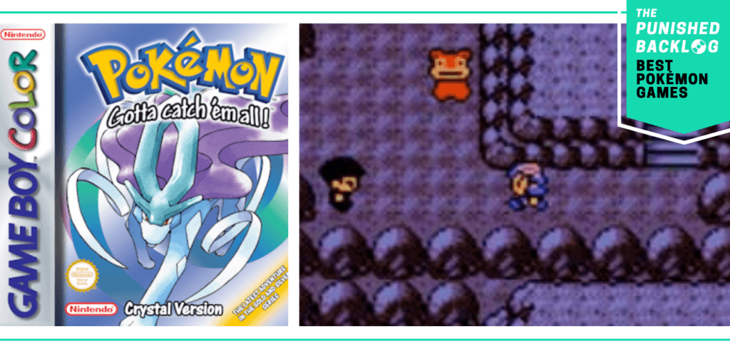 The cover art for Pokemon Crystal and a screenshot of Kris, the first Pokemon female trainer, running in a tower near Team Rocket and Slowpoke, plus a teal banner that shows The Punished Backlog's logo and text that says: "Best Pokemon Games"