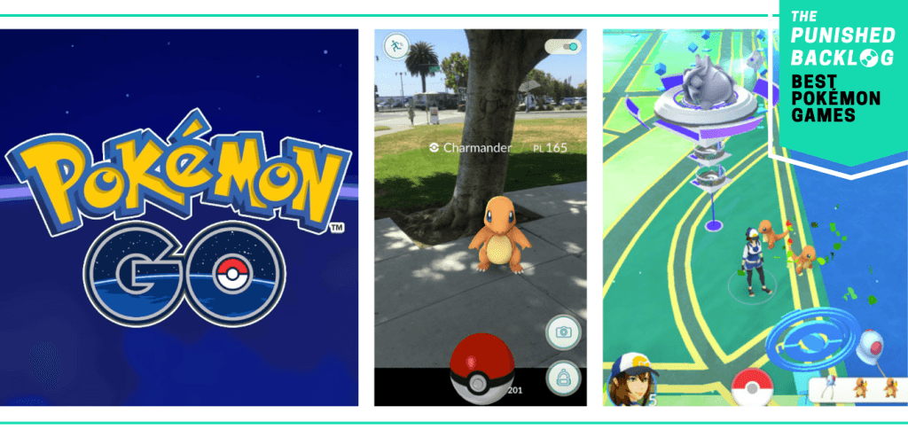 The cover art for Pokemon GO and screenshots of Charmander via the overhead map and the Augmented Reality view by a tree, plus a teal banner that shows The Punished Backlog's logo and text that says: "Best Pokemon Games"