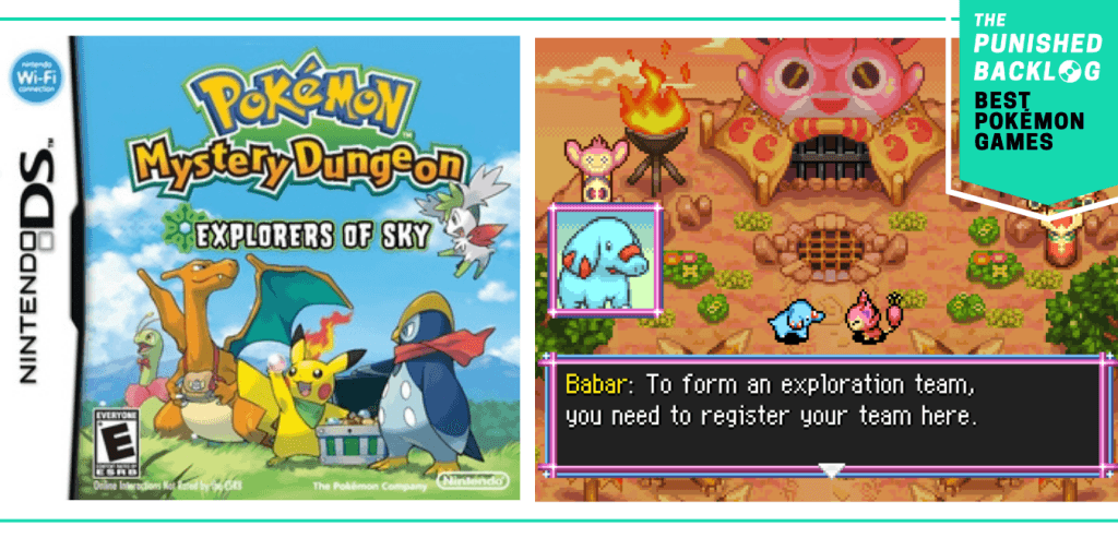 The cover art for Pokemon Mystery Dungeon: Explorers of Sky and a screenshot of Babar talking to the player as a Skitty at the guild, plus a teal banner that shows The Punished Backlog's logo and text that says: "Best Pokemon Games"