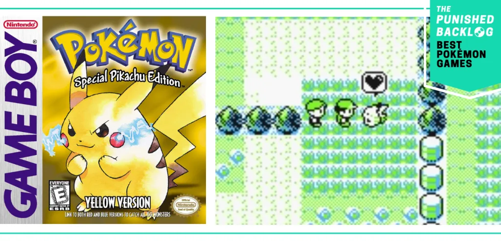The cover art for Pokemon Yellow Version and a screenshot of the trainer talking to Pikachu in a field with a heart over its head, plus a teal banner that shows The Punished Backlog's logo and text that says: "Best Pokemon Games"