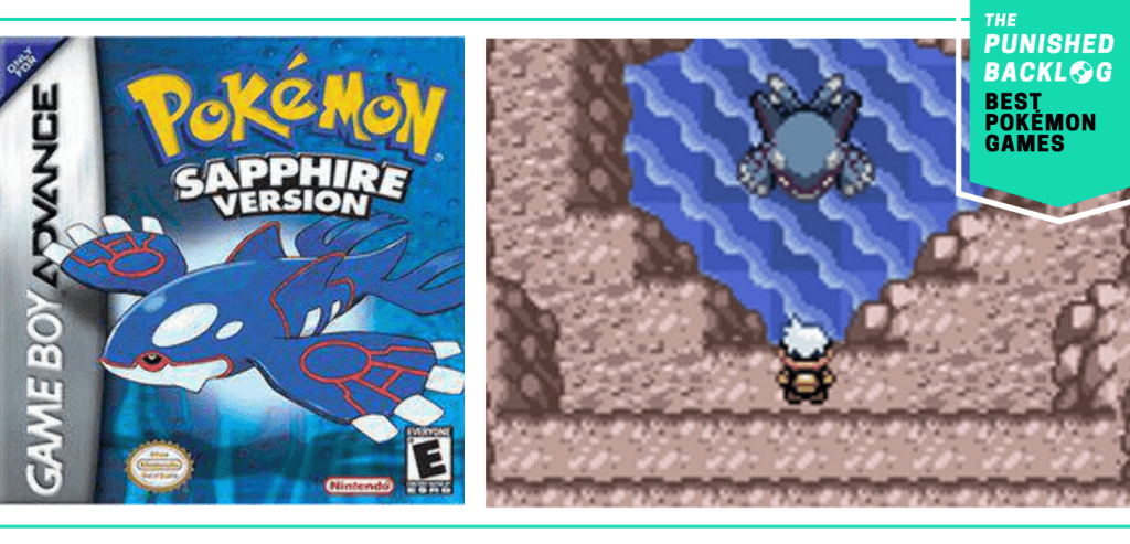 The cover art for Pokemon Sapphire and a screenshot of the trainer speaking to the legendary Kyogre in a water cave, plus a teal banner that shows The Punished Backlog's logo and text that says: "Best Pokemon Games"