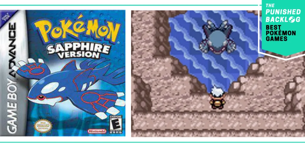 The cover art for Pokemon Sapphire and a screenshot of the trainer speaking to the legendary Kyogre in a water cave, plus a teal banner that shows The Punished Backlog's logo and text that says: "Best Pokemon Games"