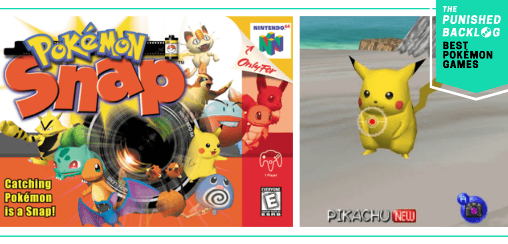 The cover art for Pokemon Snap on N64 and a screenshot of Pikachu on a beach in a camera viewer, plus a teal banner that shows The Punished Backlog's logo and text that says: "Best Pokemon Games"