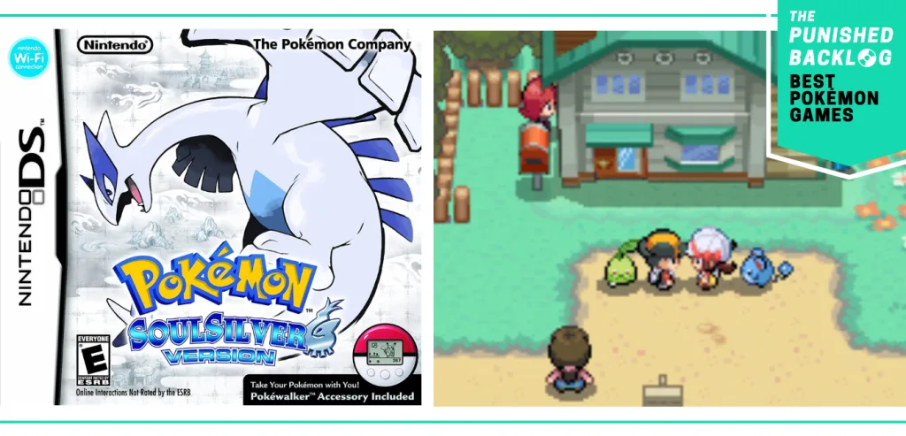 The cover art for Pokemon SoulSilver and a screenshot of players with Chikorita and Marill following behind them, plus a teal banner that shows The Punished Backlog's logo and text that says: "Best Pokemon Games"