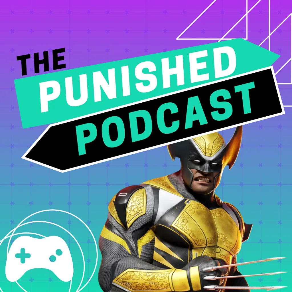A teal and purple graphic showing Wolverine and the logo for The Punished Podcast, a video game podcast  