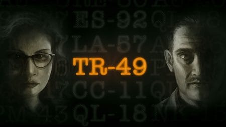 The key art for TR-49, an indie game by inkle, that shows black-and-white drawings of a man and a woman and then yellow text that says TR-49