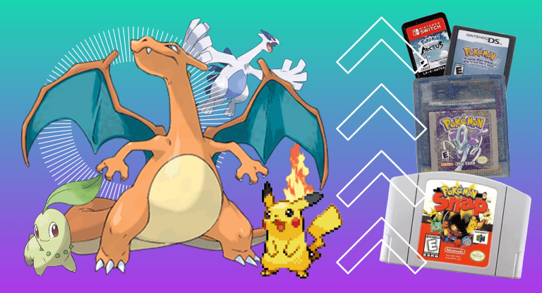 On top of a teal-and-purple background, a Charizard, Chikorita, retro Pikachu, and Lugia are shown next to arrows and cartridges for Pokemon Snap on N64, Pokemon Crystal on GameBoy Color, Pokemon SoulSilver on Nintendo DS, and Pokemon Legends Arceus on Nintendo Switch