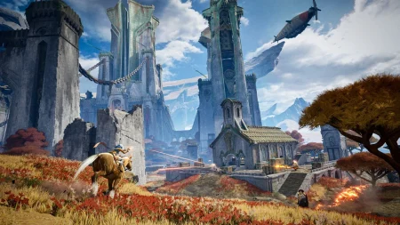 A promotional image from Highguard showing characters on horses shooting at a futuristic and medieval base