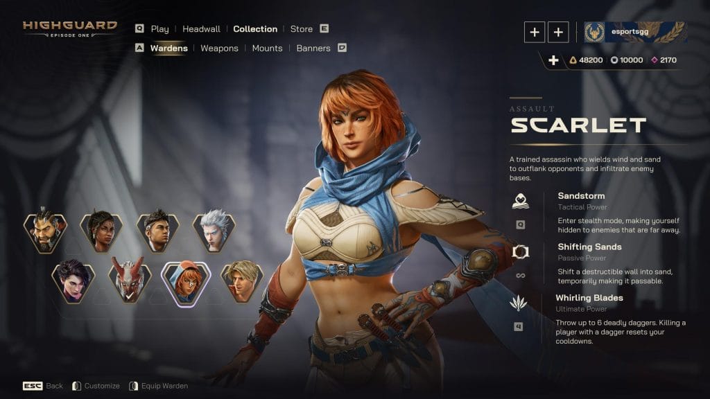 A screenshot of the character picker in Highguard, showing Scarlet, a red-haired woman with a crop top and her powers listed as having assassin blades. 