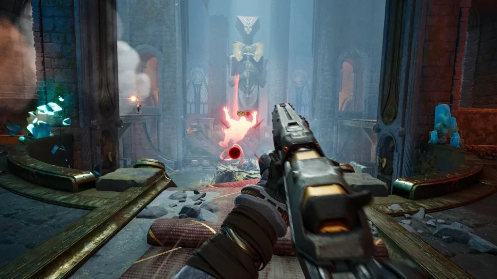 A combat screenshot of Highguard showing a gun being shot at a red glowing enemy in a stone building