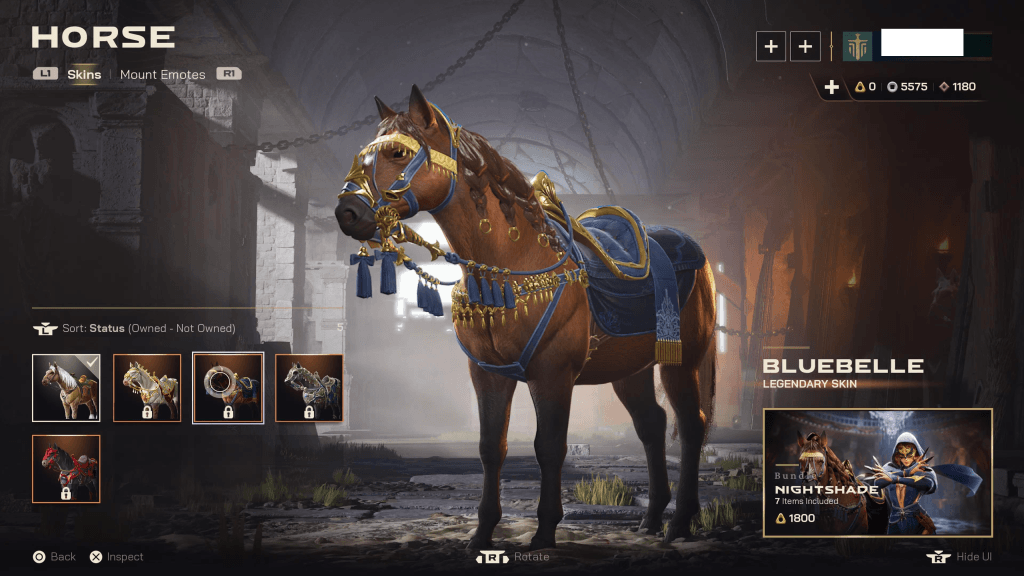 A screenshot of the Horse in Highguard with microtransactions skins available