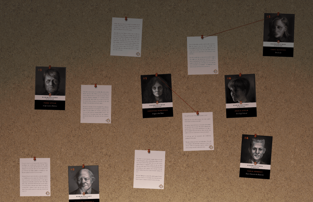 A screenshot of inkle's TR-49 Pinboard, an activity that looks like a corkboard with book covers and torn pages, connected with red string.