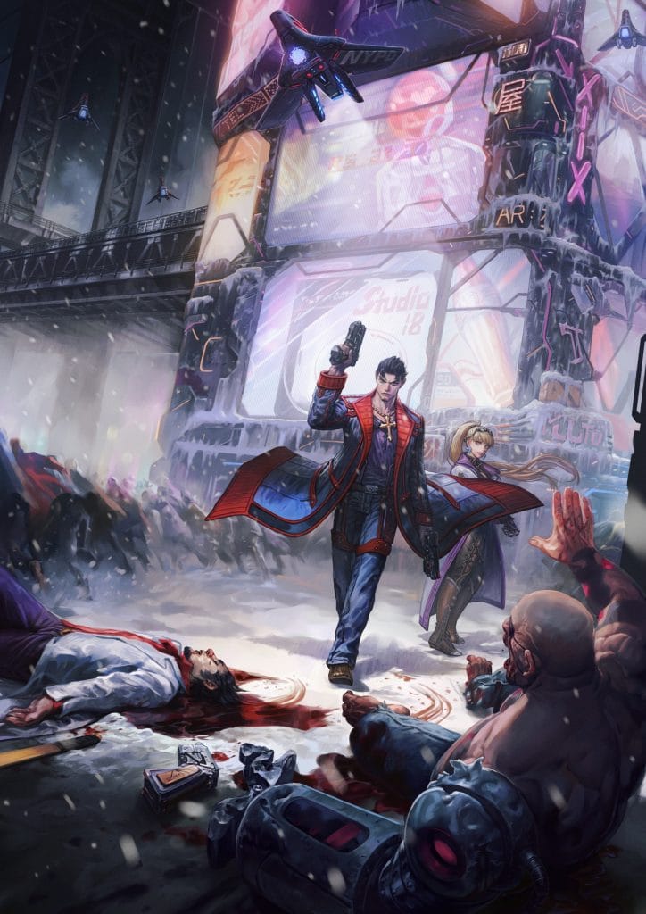 Neon Inferno concept art by Tsukasa Jun showing the characters looking stylish in a wintry cyberpunk setting