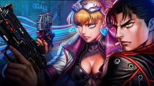 The key art for Neon Inferno showing a cyberpunk style blonde woman in a trench coat and a dark-haired man in a trench coat.