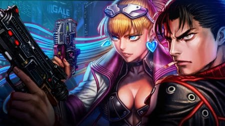 The key art for Neon Inferno showing a cyberpunk style blonde woman in a trench coat and a dark-haired man in a trench coat.