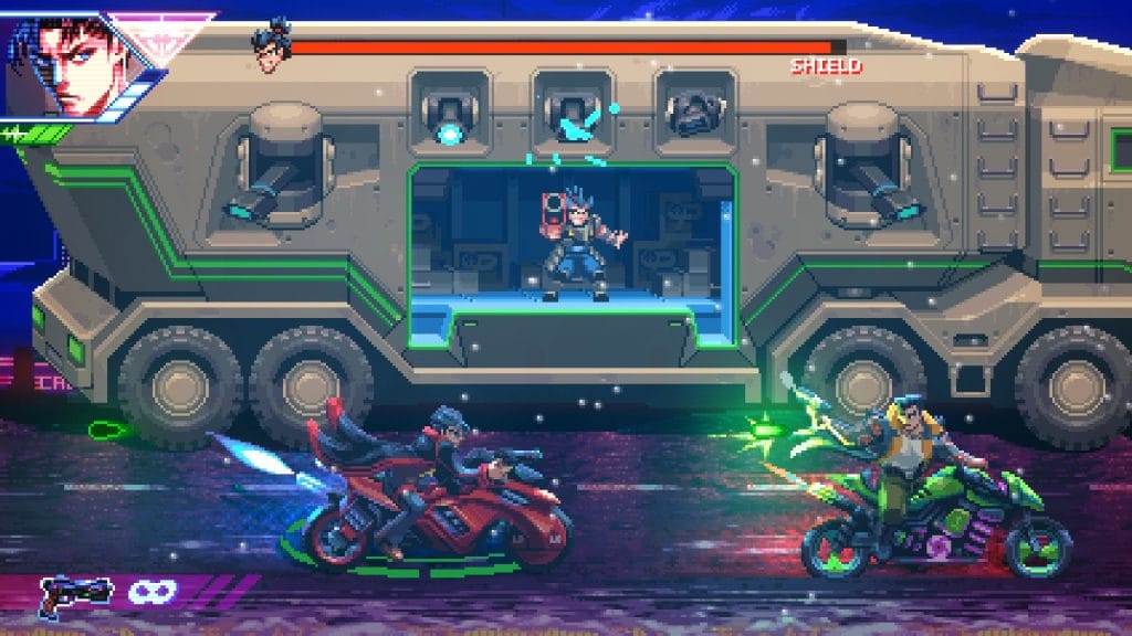 A screenshot from Neon Inferno showing Angelo on a chase bike fight