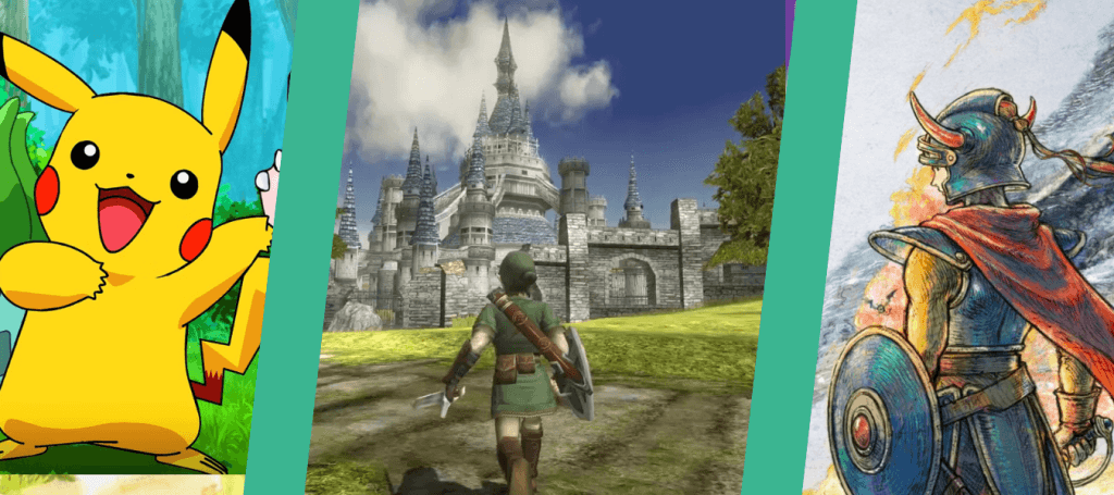 A combination image showing Pikachu, Link, and a Dragon Quest character for a section about 2026 video game anniversaries, predictions, and wishes: The Legend of Zelda will have a Twilight Princess GameCube Classics release on Switch 2, the new mainline Pokémon game, and a trailer for Dragon Quest XII The Flames of Fate.