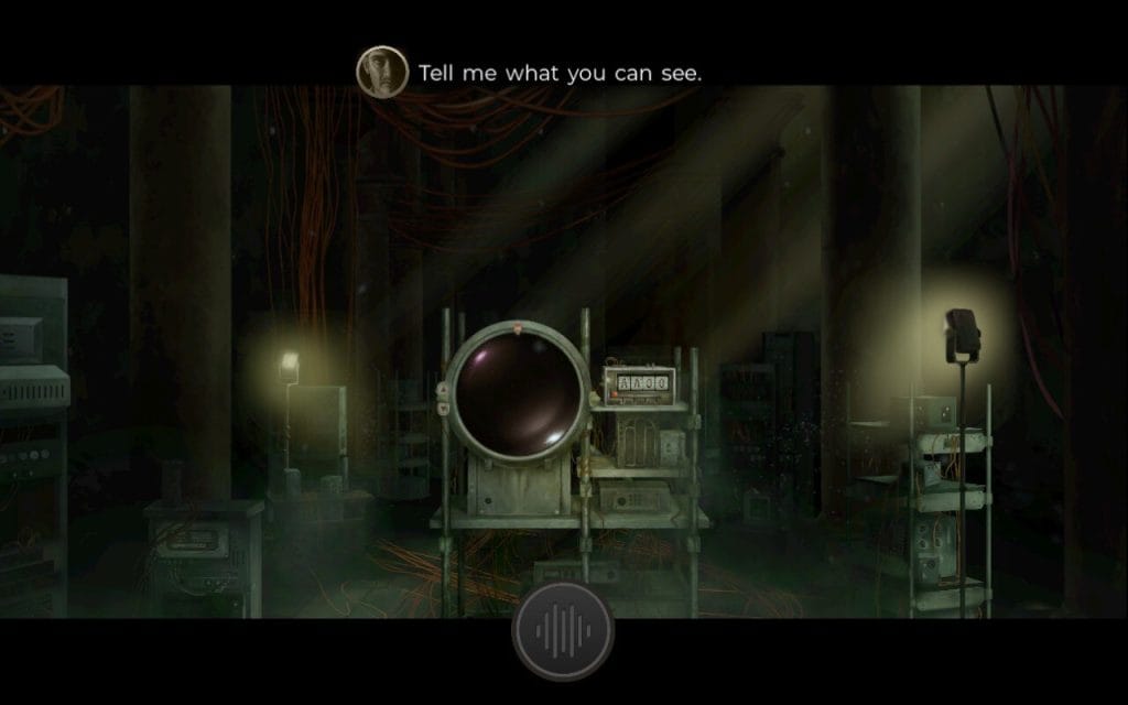 A screenshot from TR-49 that shows a strange machine in a dark room with Liam saying, "Tell me what you can see." 