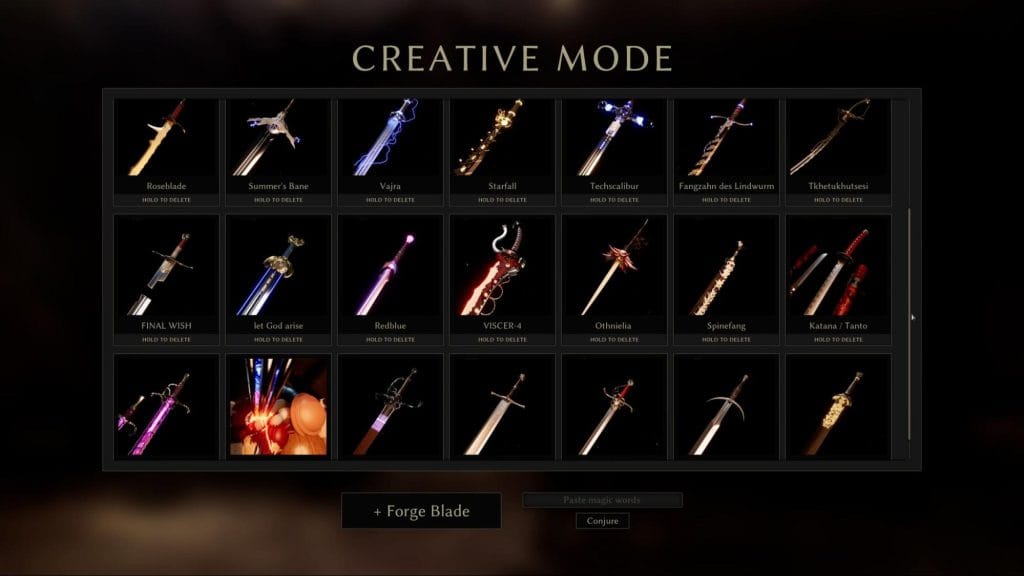 Bladesong Review (Early Access) - screenshot of a menu screen titled "Creative Mode," with several different swords available to choose from