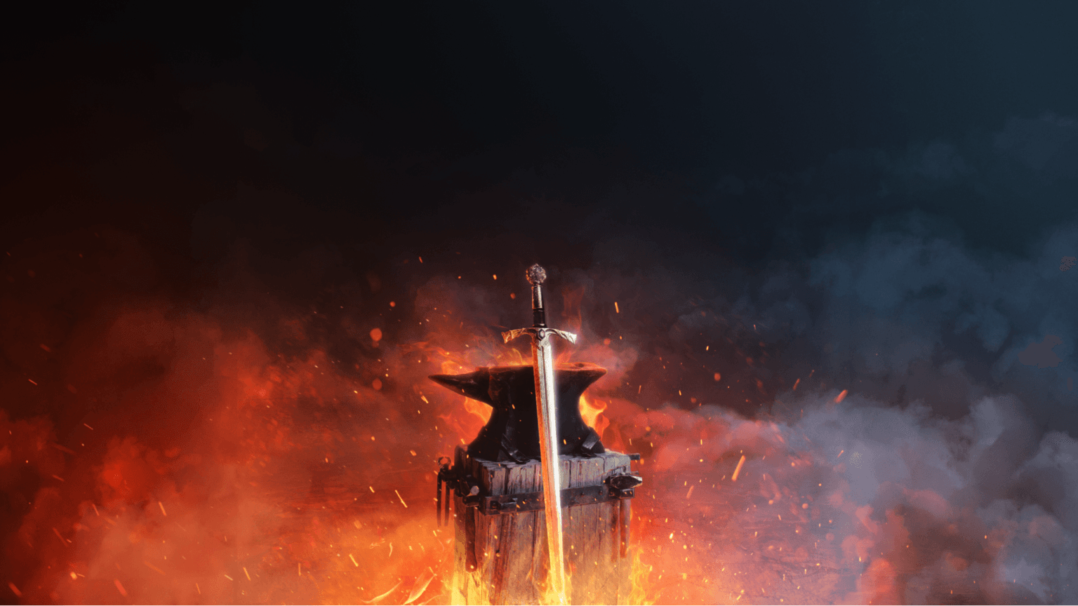 Bladesong Early Access Review: Questions in the Dark Bladesong Review (Early Access) - screenshot of the game's cover art: a sword sitting against an anvil with flames and smoke in the background