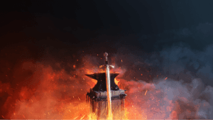 Bladesong Review (Early Access) - screenshot of the game's cover art: a sword sitting against an anvil with flames and smoke in the background