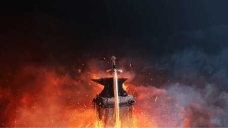 Bladesong Review (Early Access) - screenshot of the game's cover art: a sword sitting against an anvil with flames and smoke in the background