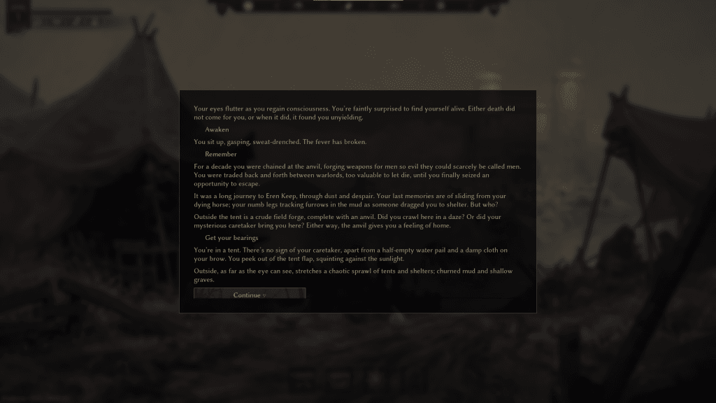 Bladesong Review (Early Access) - screenshot of one of the game's many text-heavy narrative screens