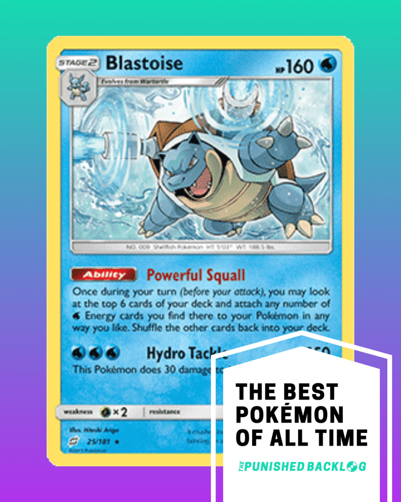 A composite image showing a photo of a Blastoise Pokemon Trading Card from the Pokemon TCG on top of a teal to purple background gradient. In the bottom right corner, there is a white ribbon that reads "The Best Pokemon of all Time" for the list along with the logo for the Punished Backlog.