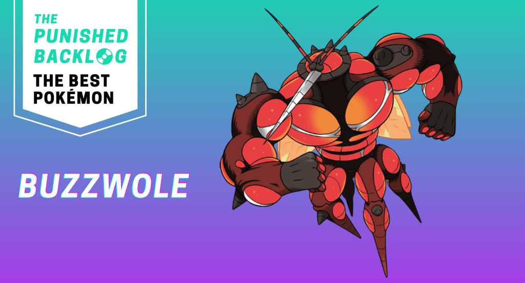 An image showing card artwork for Buzzwole and its name and the logo for The Punished Backlog with text: "The Best Pokémon" on top of a teal and purple background