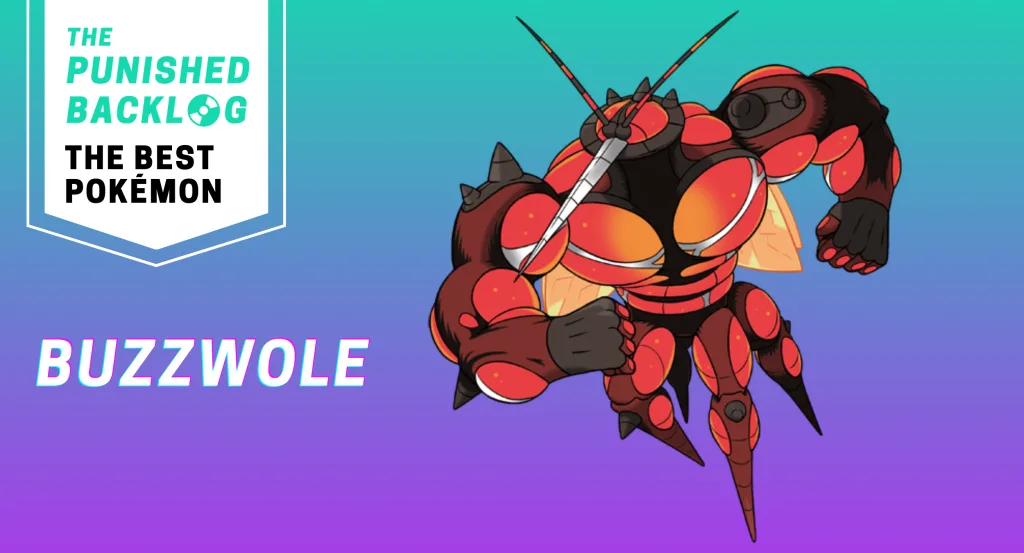 An image showing card artwork for Buzzwole and its name and the logo for The Punished Backlog with text: "The Best Pokémon" on top of a teal and purple background