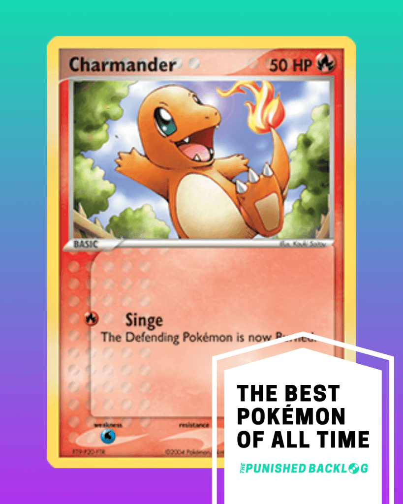 A composite image showing a photo of a Charmander Pokemon Trading Card from the Pokemon TCG on top of a teal to purple background gradient. In the bottom right corner, there is a white ribbon that reads "The Best Pokemon of all Time" for the list along with the logo for the Punished Backlog.