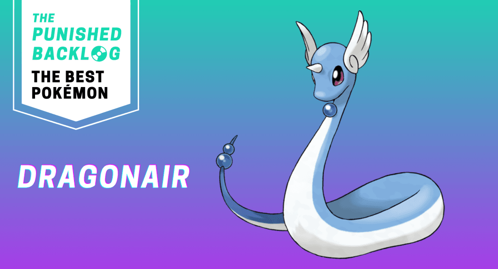An image showing the original card artwork for Dragonair and its name and the logo for The Punished Backlog with text: "The Best Pokémon" on top of a teal and purple background