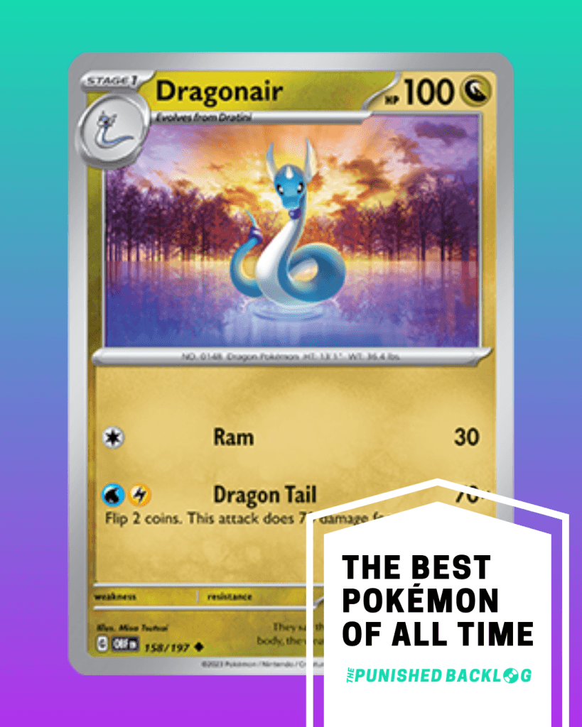 A composite image showing a photo of a Dragonair Pokemon Trading Card from the Pokemon TCG on top of a teal to purple background gradient. In the bottom right corner, there is a white ribbon that reads "The Best Pokemon of all Time" for the list along with the logo for the Punished Backlog.