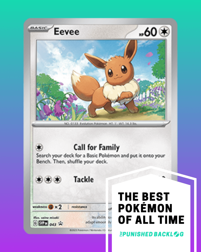 A composite image showing a photo of an Eevee Pokemon Trading Card from the Pokemon TCG on top of a teal to purple background gradient. In the bottom right corner, there is a white ribbon that reads "The Best Pokemon of all Time" for the list along with the logo for the Punished Backlog.