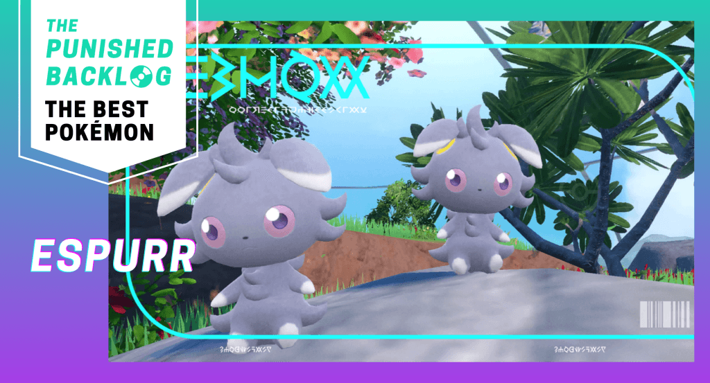 An image showing artwork for Espurr from the "Blueberry Blueberry Pokédex from Pokemon Scarlet and Violet" and its name and the logo for The Punished Backlog with text: "The Best Pokémon" on top of a teal and purple background