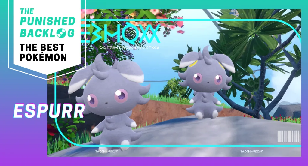 An image showing artwork for Espurr from the "Blueberry Blueberry Pokédex from Pokemon Scarlet and Violet" and its name and the logo for The Punished Backlog with text: "The Best Pokémon" on top of a teal and purple background
