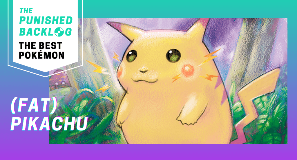A composite image showing the Generation 1 Pikachu card artwork of Pikachu in the forest along with the name "Fat Pikachu" and the logo for The Punished Backlog with text: "The Best Pokémon" on top of a teal and purple background