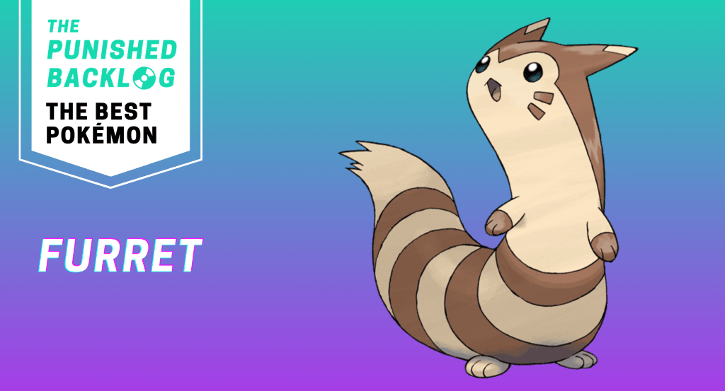 An image showing artwork for Furrett and its name and the logo for The Punished Backlog with text: "The Best Pokémon" on top of a teal and purple background