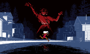 Love Eternal Review - screenshot of main character Maya running through the street with a tall red statue of a woman looming in the background