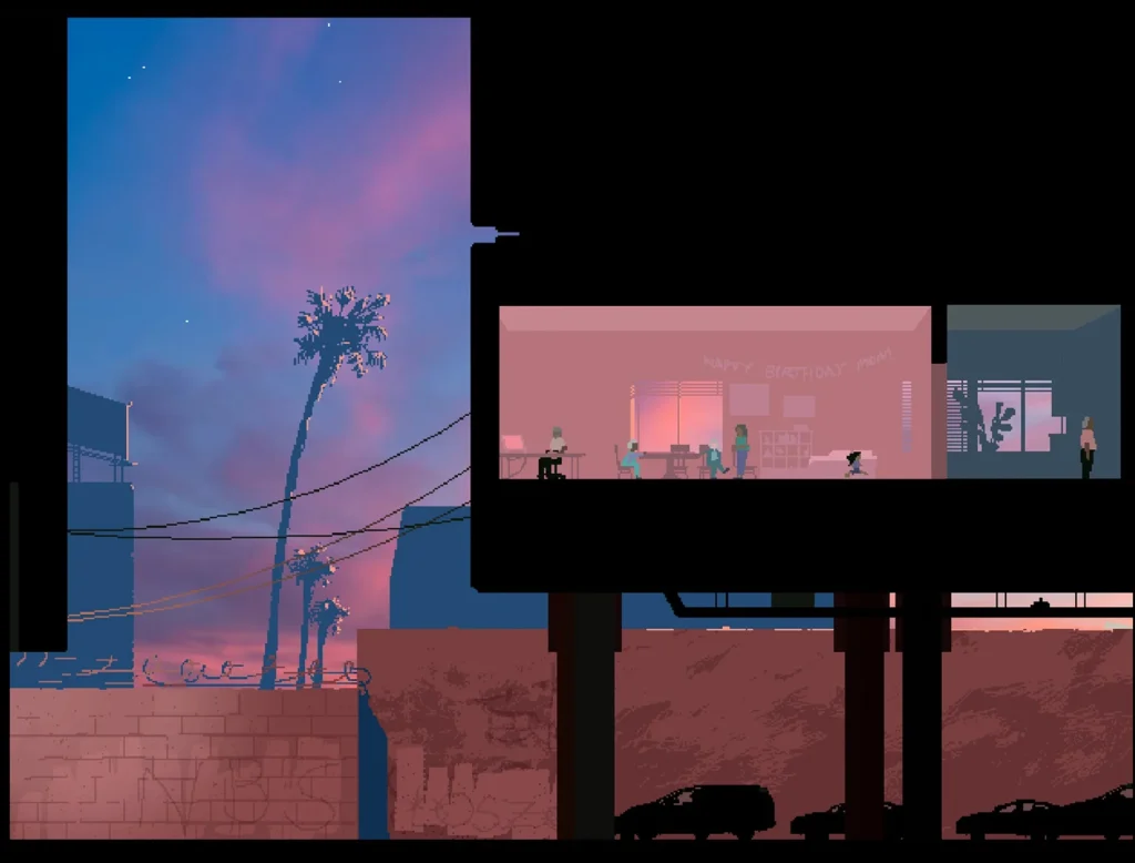 Love Eternal Review - screenshot of several people sitting insight of an apartment building in Los Angeles against a blue-and-pink backdrop, with cars and palm trees in the background