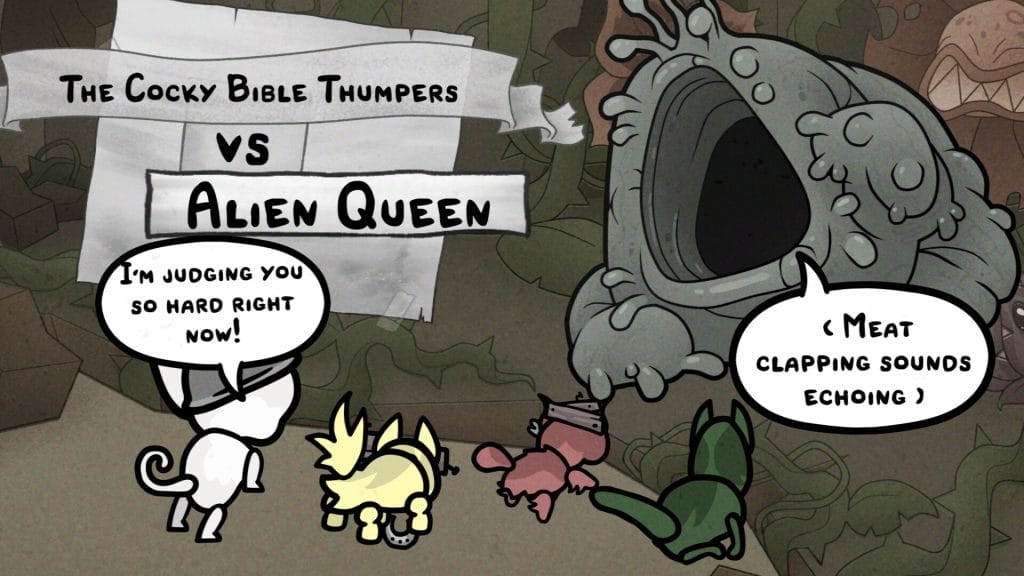Mewgenics Review - screenshot showing four cats staring at a grey glob with an open hole. The text reads, "The Cocky Bible Thumpers vs. Alien Queen"