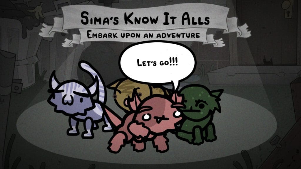 Mewgenics Review - screenshot of four cats, all different solid colors, with one saying "Let's go!!!" with a sign above their heads that reads, "Sima's Know It Alls Embark Upon an Adventure"