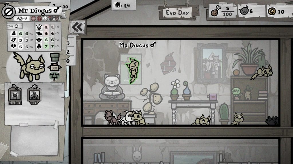 Mewgenics Review - screenshot of a cat named Mr. Dingus being manipulated in the room of a house while other cats sit calmly below